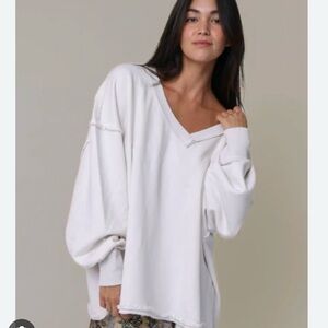 Natural Life Kick Back Cotton V-Neck Pullover Sweatshirt in cream